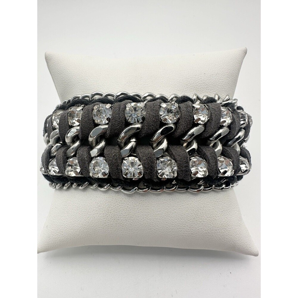Premier Designs Rhinestone Wide Tennis Braclet Silver Tone Cord 9” Adjustable